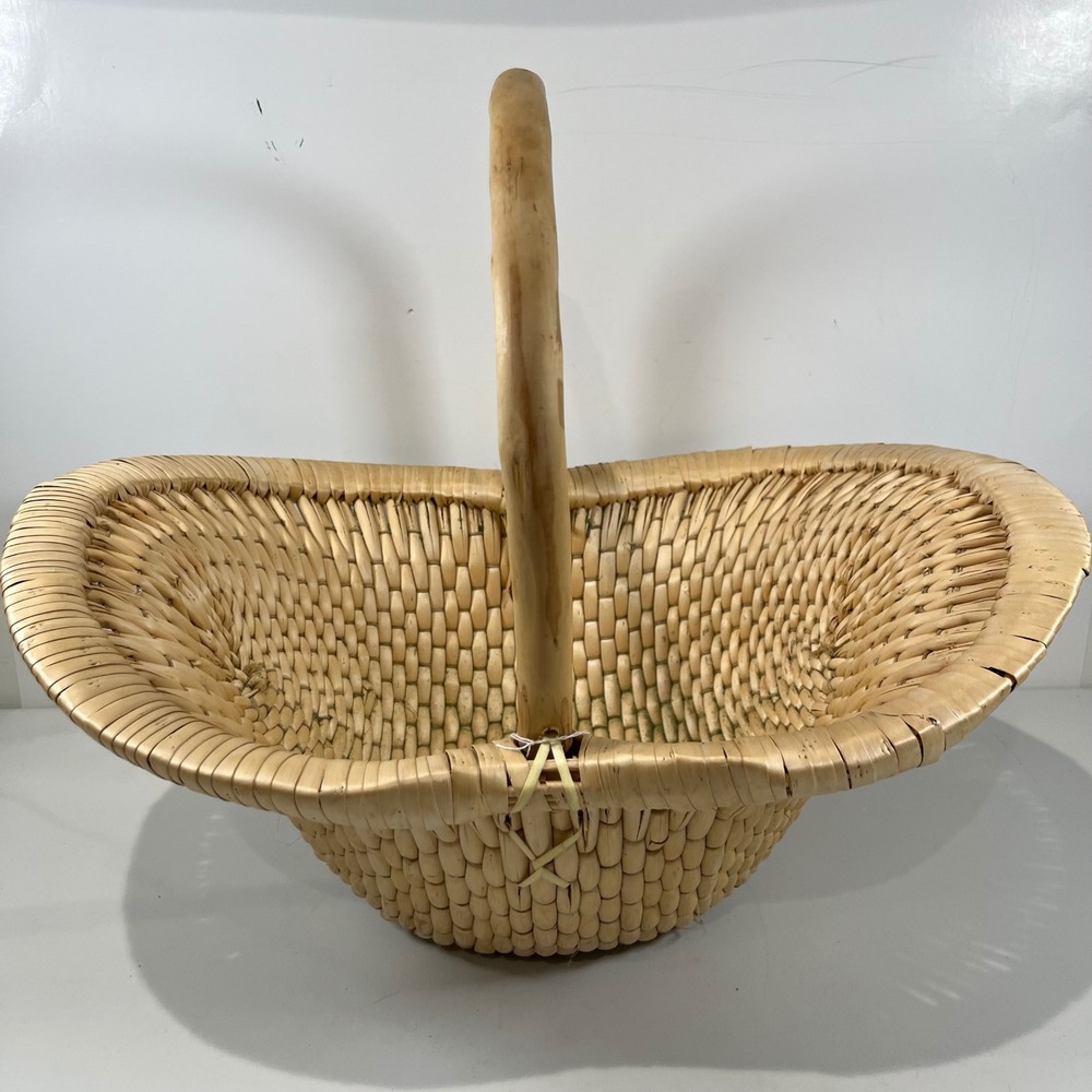 Vintage Woven Wicker Gathering Basket Large Wood Handle Cottage Primitive Farm
